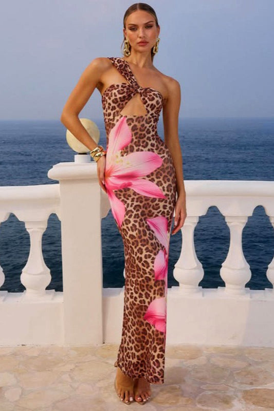 Sexy Leopard Print Cutout Bodycon Maxi Dress