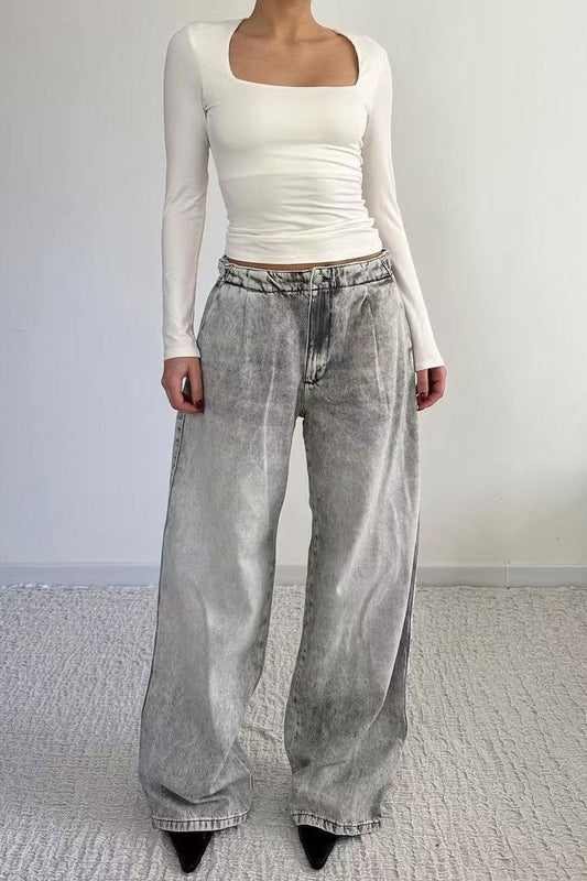 Low Rise Distressed Wide Leg Jeans