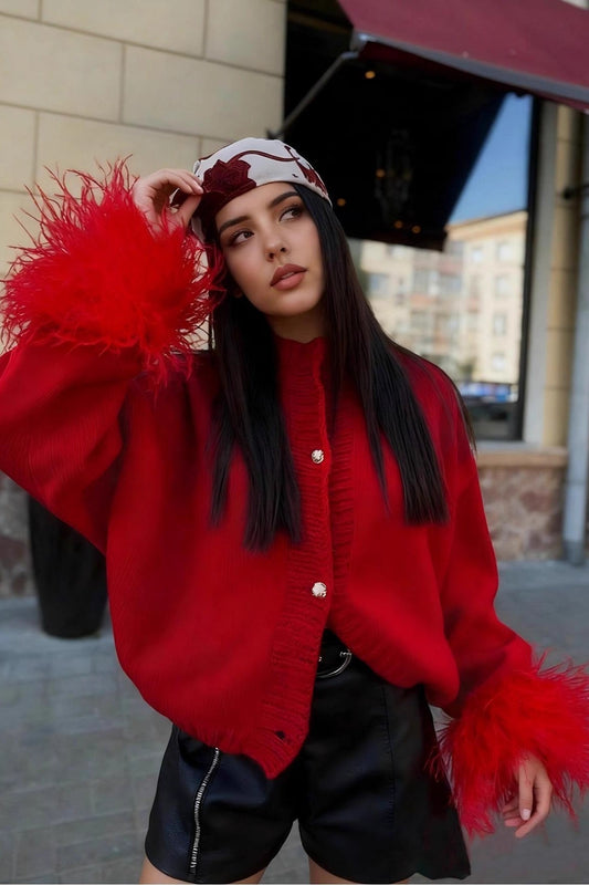 Furry Cuff Metal Button Cardigan