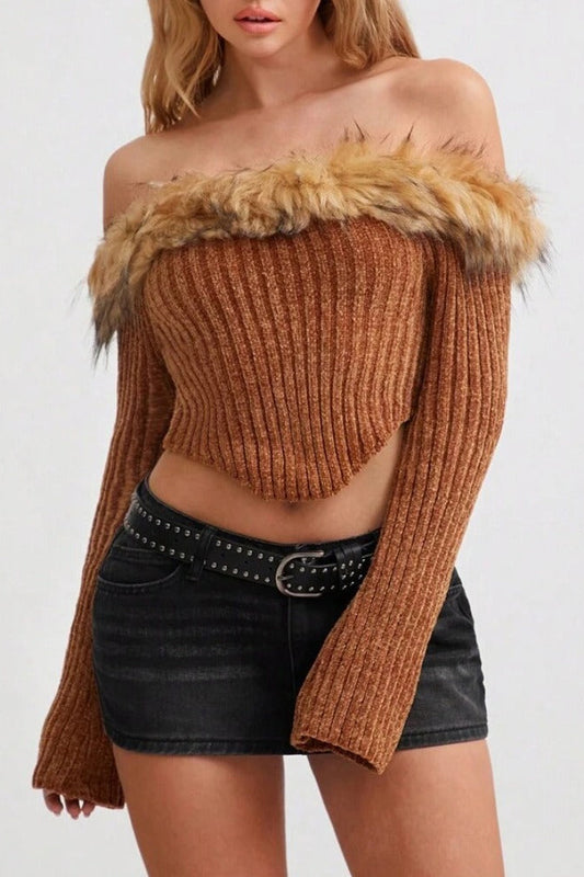 Off-the-Shoulder Fur Trim Slim Sweater
