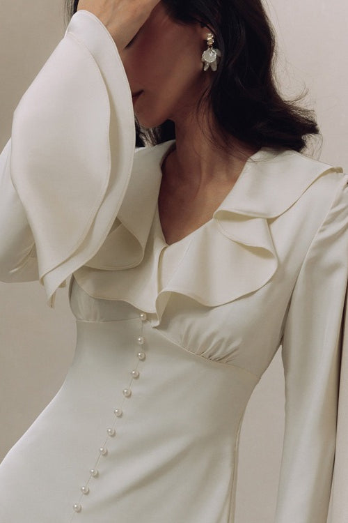 Vintage Ruffled V-Neck Flared Sleeve Maxi Dress