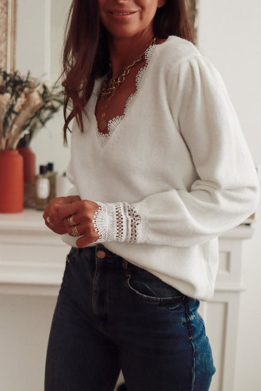 Lace Panel Pullover Long Sleeve Bloshope