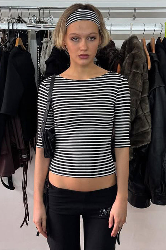 Vintage Color Block Stripe Jacquard Fitted Knit Bloshope