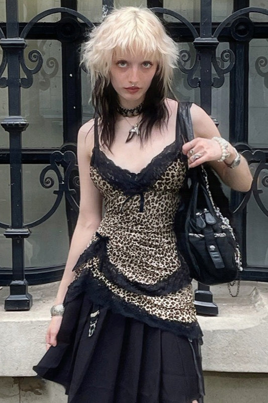 Trendy Asymmetrical Lace Leopard Print Bloshope