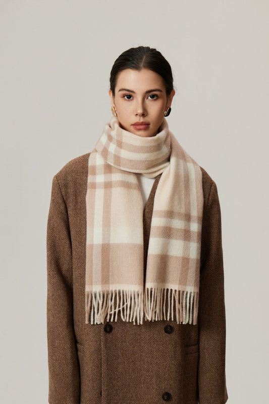 Wool Plaid Minimalist Fringed Scarf