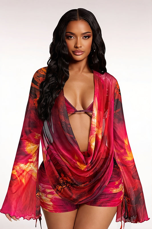 Square Neck Mesh Panel Graffiti Print Two Piece Set