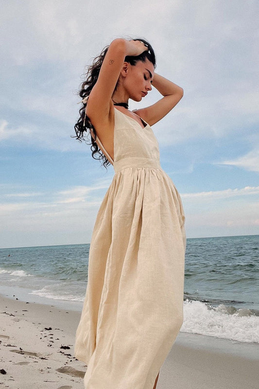 Cotton V Neck Spaghetti Strap Elegant Tie Backless Midi Dress