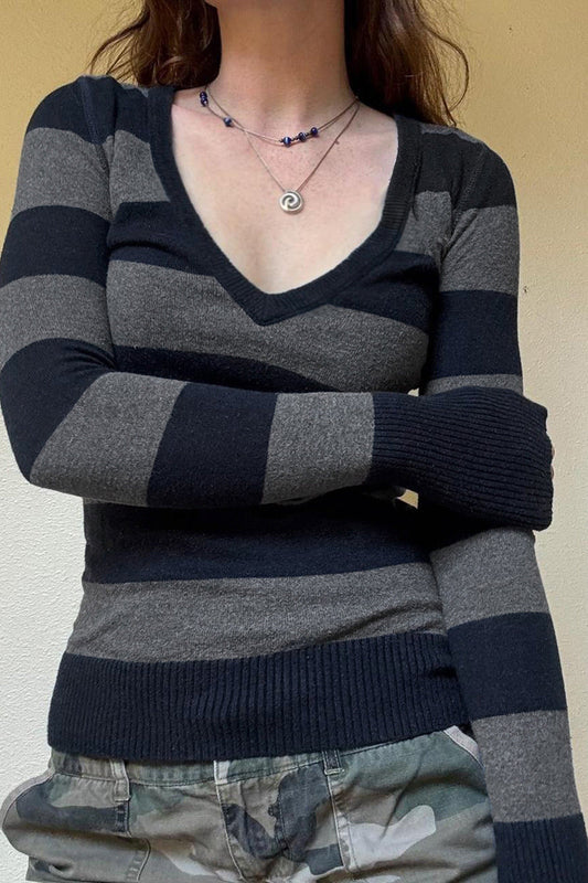 Fitted Striped V Neck Long Sleeve Knit Bloshope
