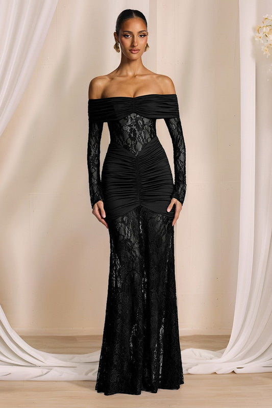 Elegant Lace Off Shoulder Long Sleeve Formal Dress