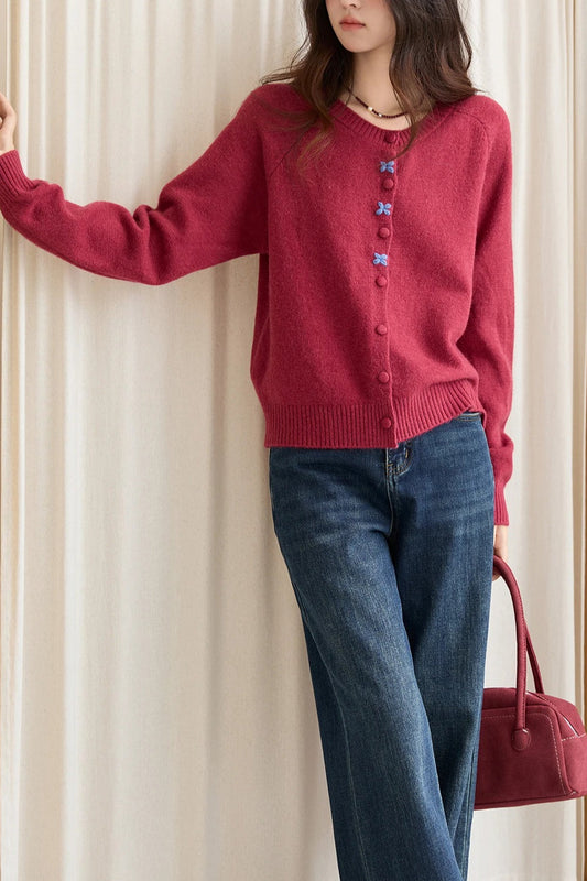 Round Neck Embroidered Buckle Cardigan