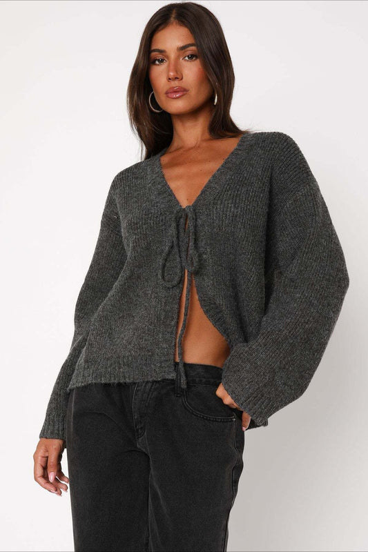 V-Neck Tie Front Knit Cardigan Sweater