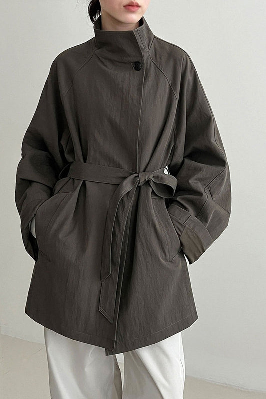 British-Style Stand-Collar Belted Mid-Length Trench Coat