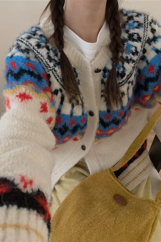 Vintage Fair Isle Jacquard Colorblock Knit Cardigan