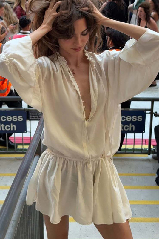 Chic Elegant Deep V Tie Ruffle Sleeve Mini Dress