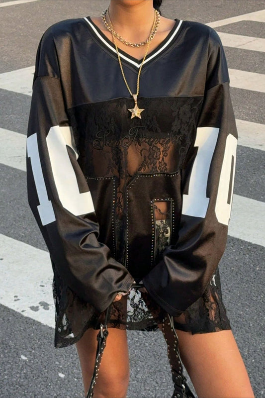 Lace Sheer V Neck Print Sweatshirt