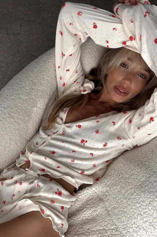 Knitted Floral Print Long Sleeve Two Piece Set