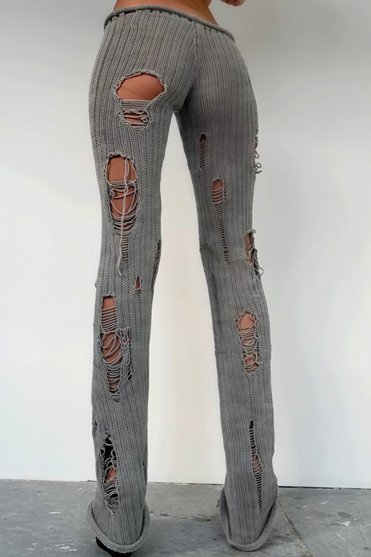 Solid Cutout Distressed Slim Edgy Pants