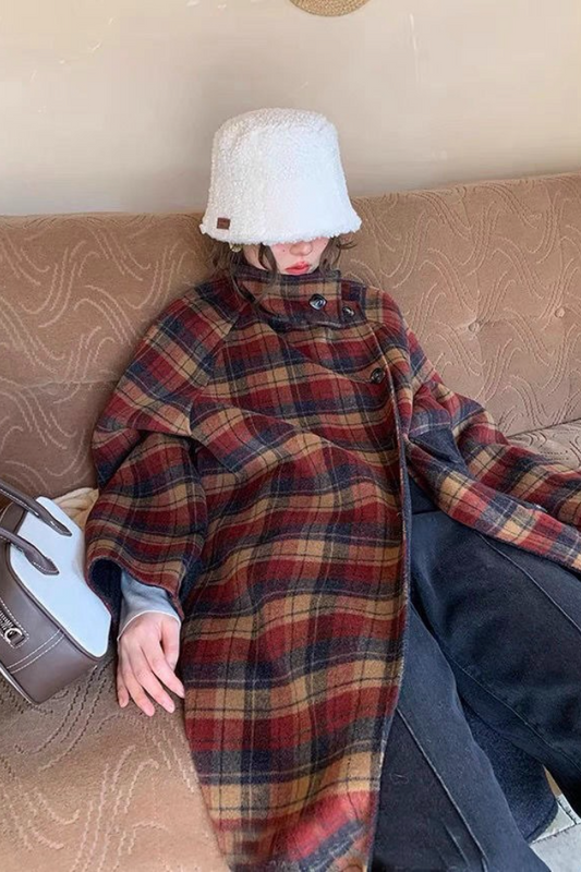 Plaid Wool Blend Stand Collar Mid-Length Overcoat