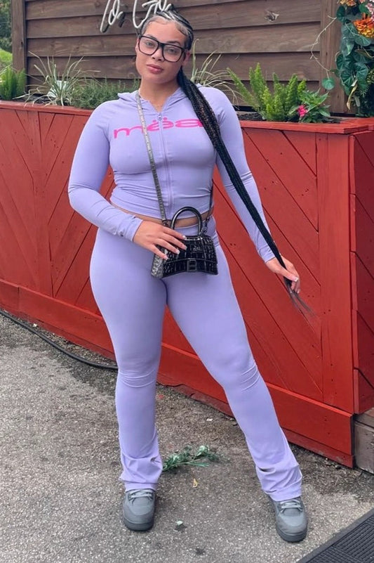 Letter Print Crop Hoodie & Skinny Pants Two Piece Set