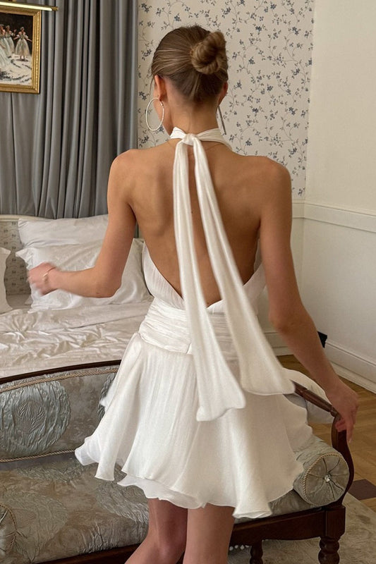 Tie Halter Shimmery 3D Floral Flowy Mini Dress