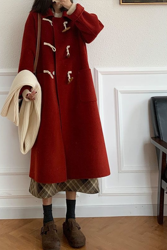 Petite Red Thickened Wool Horn Button Overcoat