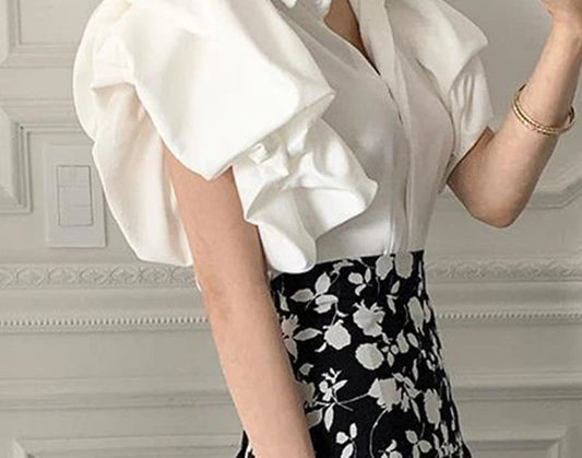 Y2K Chiffon Black Puff Sleeve Casual Korean Bloshope