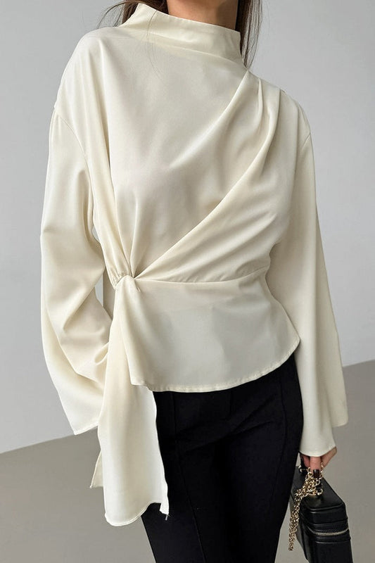 Chiffon Tie Waist Stand Collar Long Sleeve Tee