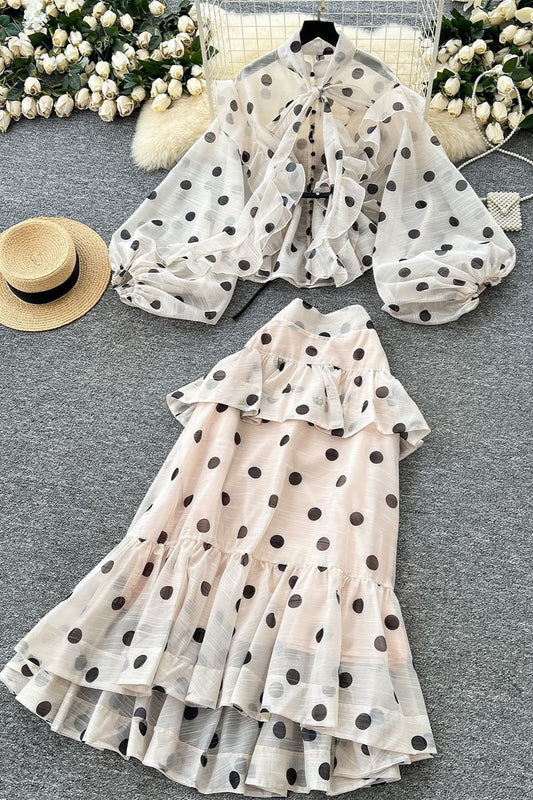 Polka Dot Blouse Mermaid Skirt Two Pieces Set