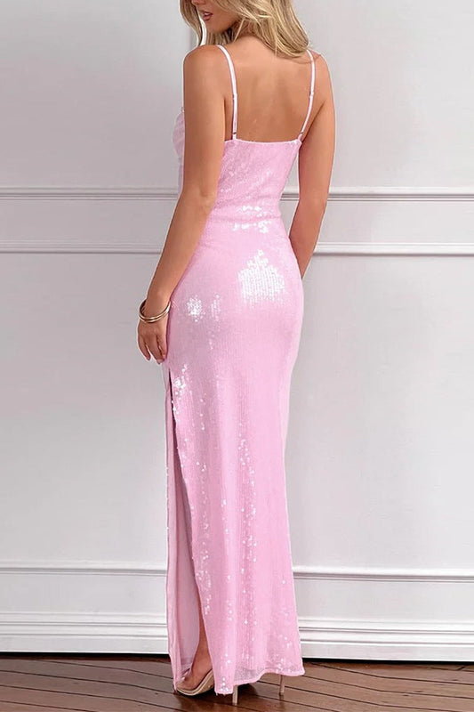 Pink Sequin V-Neck Slit Party Dress