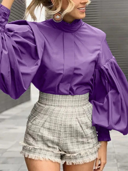 Long Lantern Sleeve Solid Purple Bloshope Chic Bloshope