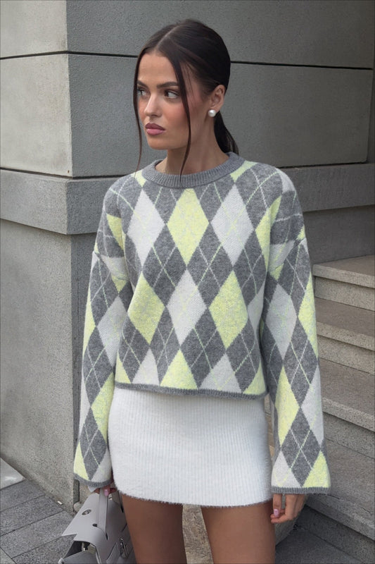 Argyle Knit Green Color Block Loose Crewneck Sweater