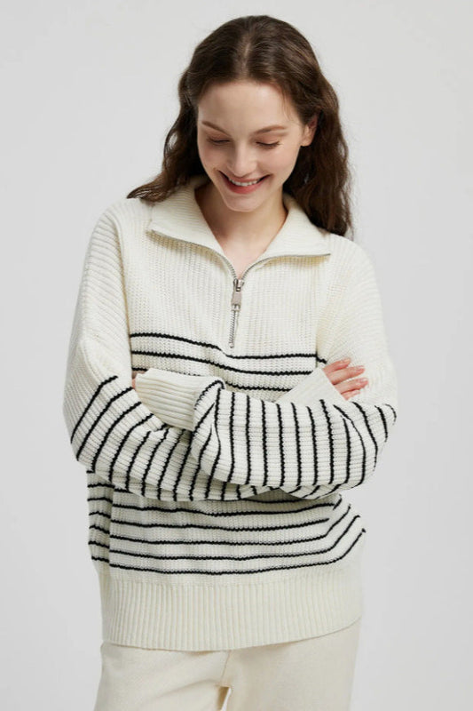 High Neck Striped Color Block Zip Pullover Sweater