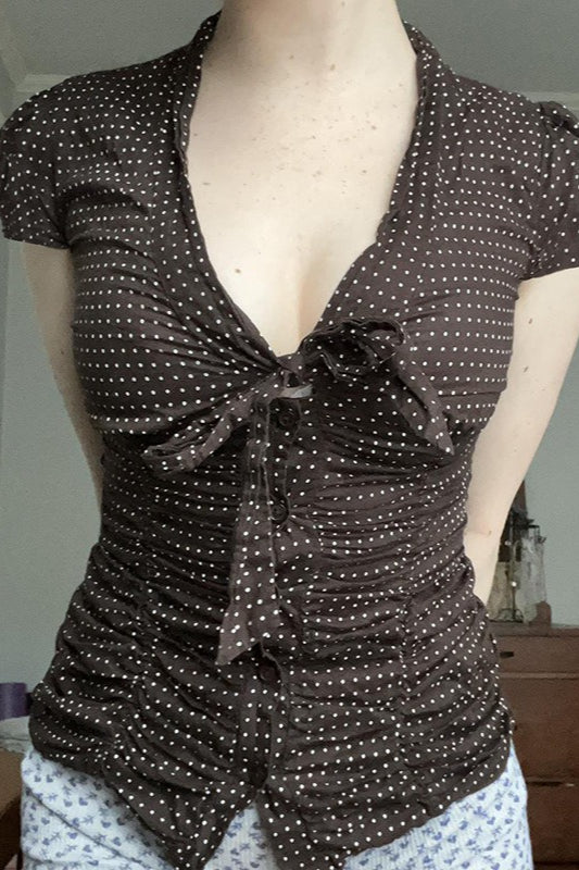 Button Tie Waist Dot Print Bloshope