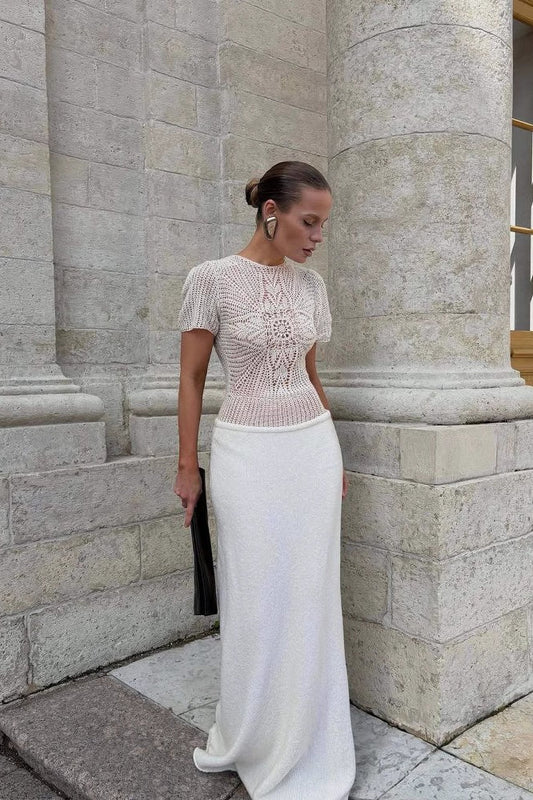 White Hollow Out Patchwork Maxi Dress