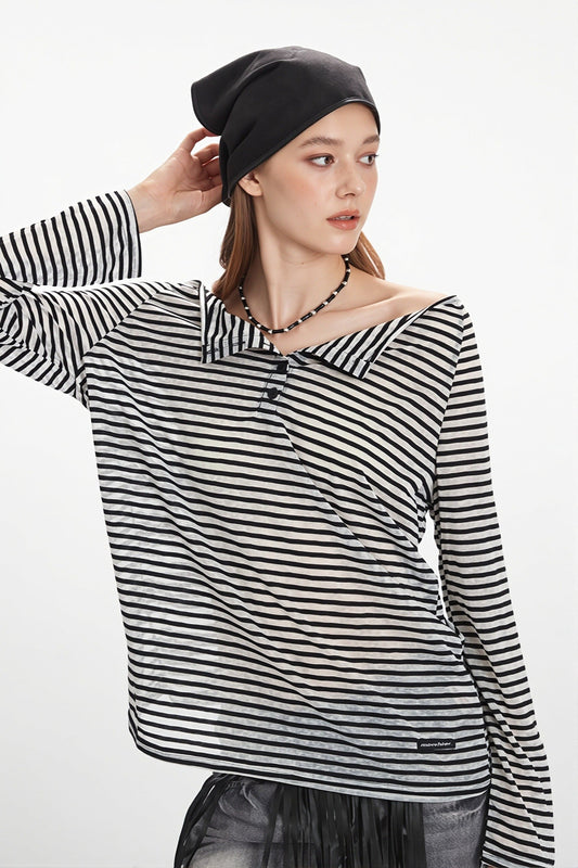 Striped Off Shoulder Long Sleeve T-shirt