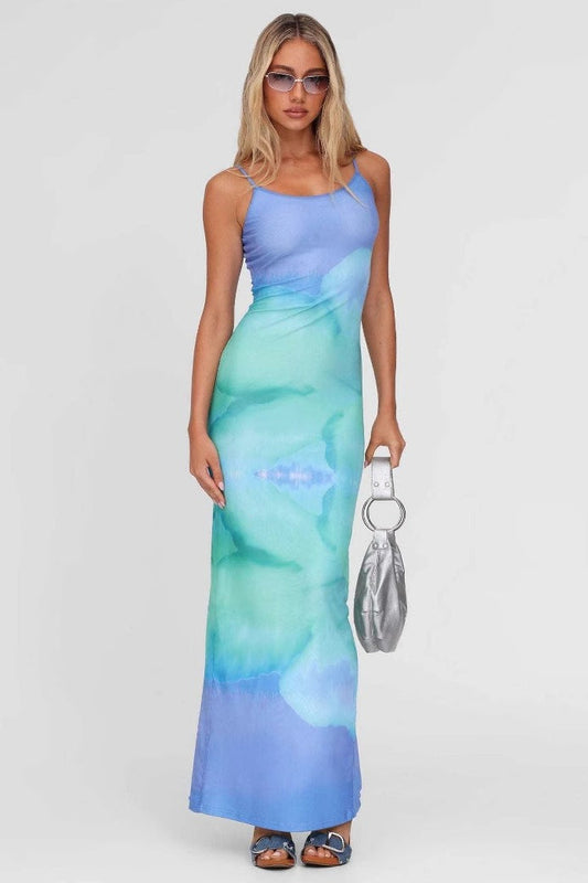 Gradient Floral Spaghetti Strap Fitted Bodycon Maxi Dress