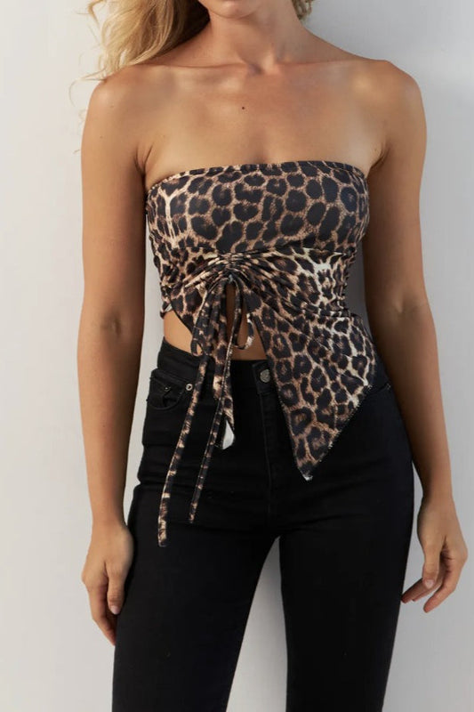 Leopard Print Drawstring Sexy Crop Top