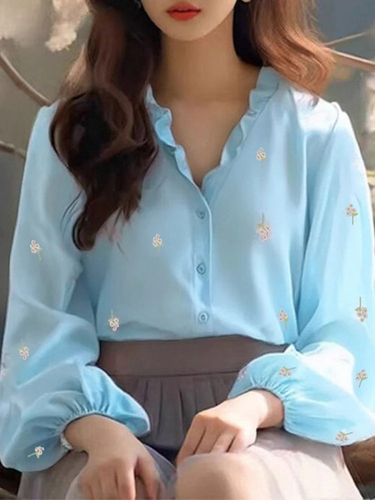 Floral Print Ruffle Collar Bloshope Casual Tunic