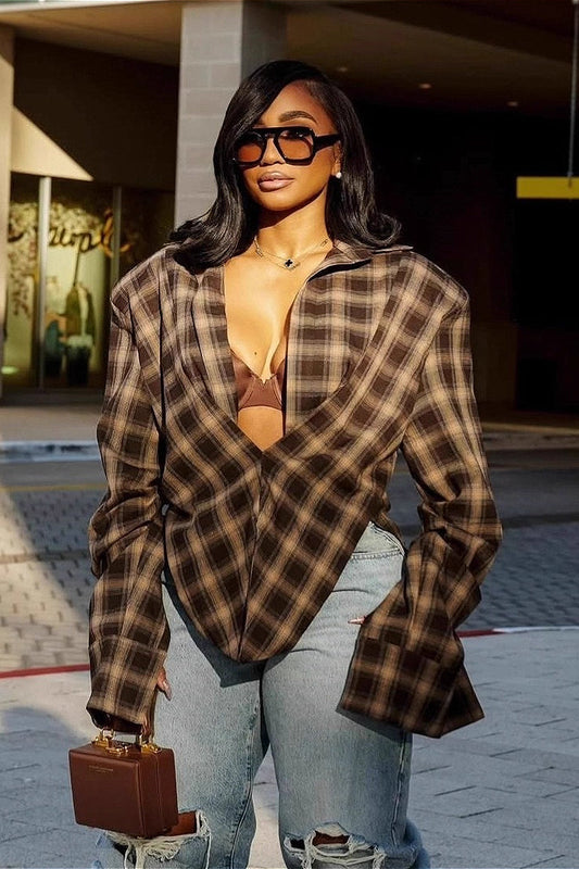 Plaid Collared Asymmetrical Chic Blouse