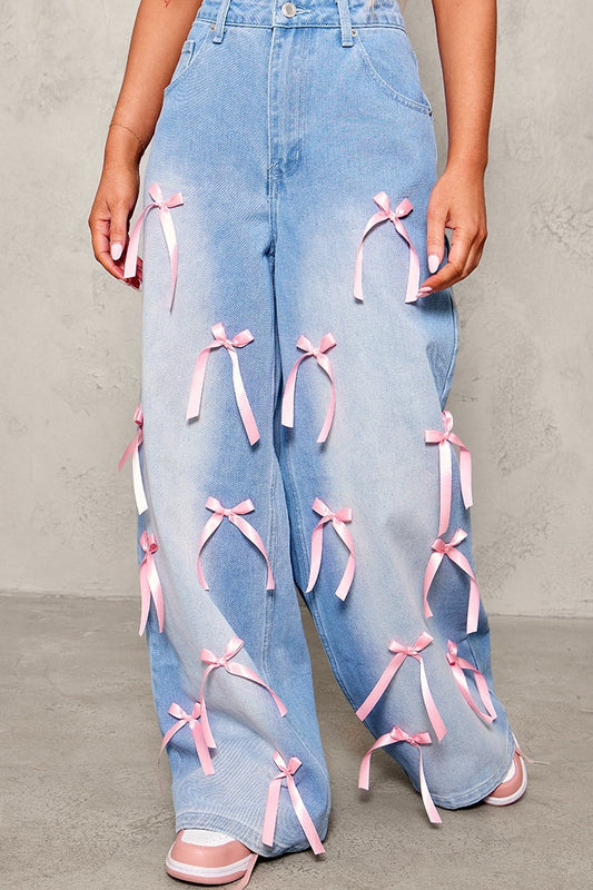 Bow Detail High Waist Wide Leg Jean