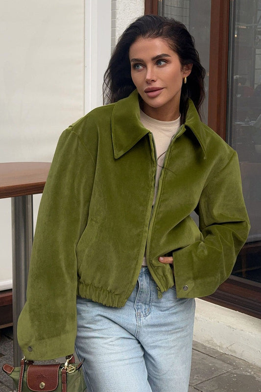 Velvet Turn Down Collar Zip Jacket