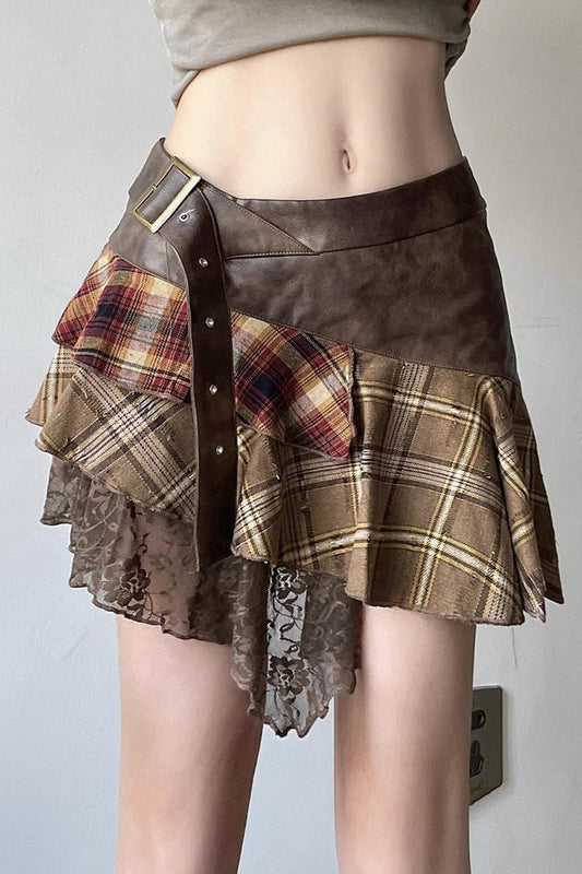 Post-Apoc Plaid Paneled V-Waist Mini Skirt