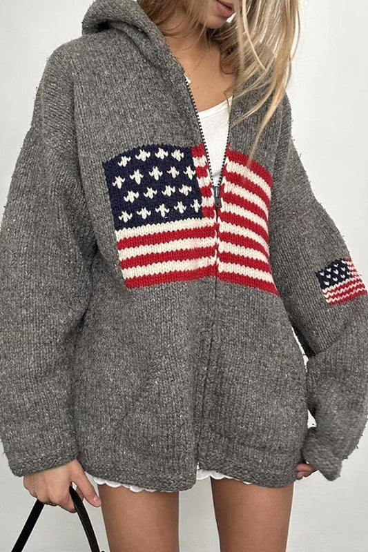 Chic Flag Graphic Knit Zippered Hoodie