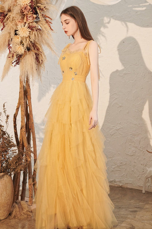 Yellow Spaghetti Strap Mini Formal Dress