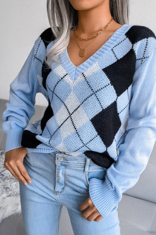 Argyle V-Neck Knit Pullover Sweater