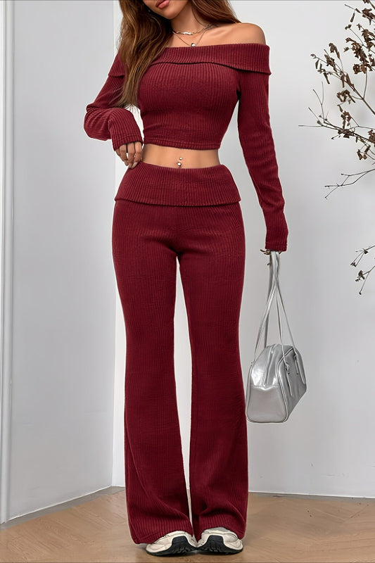 Sexy Off-Shoulder Fitted Crop Top Pants Two Piece Set