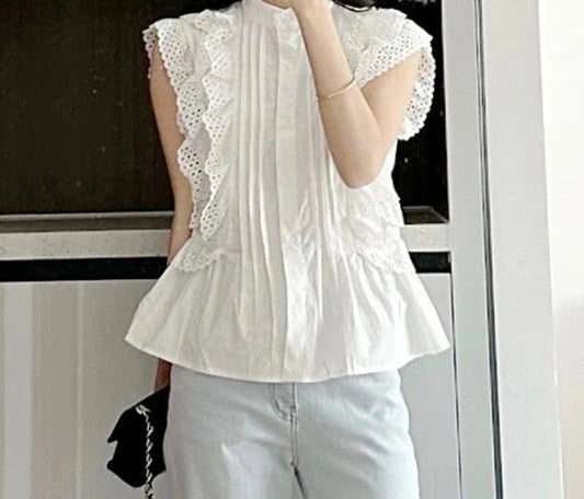 Flying Sleeve Ruffled Lace Button Vintage Bloshope