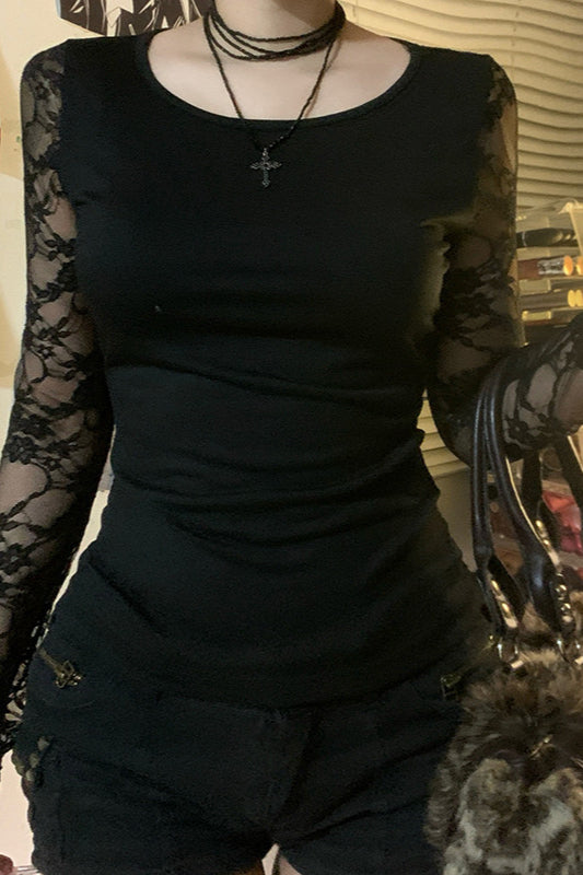 Sheer Lace Backless Slim T-shirt