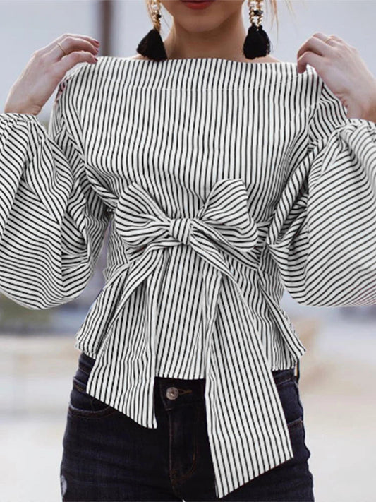 Striped Lantern Sleeve O-Neck Bloshope