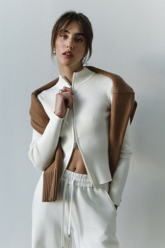 Knit Double Zipper Stand Collar Bloshope